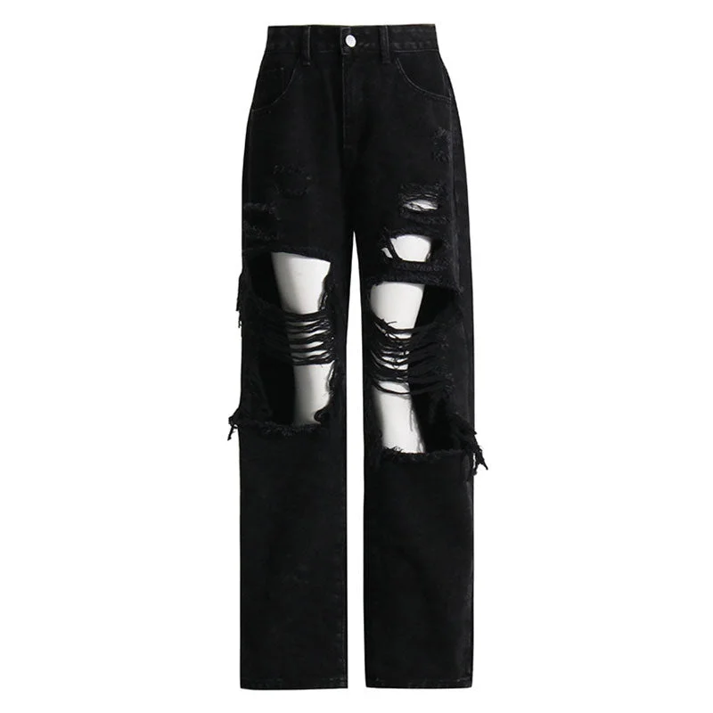 Cool Dark Wash Frayed Cutout High Waist Straight Leg Denim Jeans Trendy Paperbag Waist Jeans