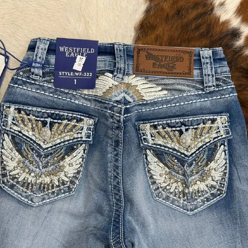 WESTFIELD EAGLE RHINESTONE DISTRESSED LIGHT WASH BOOTCUT WOMEN JEANS WF-322 Fashionable Slim Fit Jeans WESTFIELD EAGLE RHINESTONE DISTRESSED LIGHT WASH BOOTCUT WOMEN JEANS WF-322 Fashionable Slim Fit Jeans