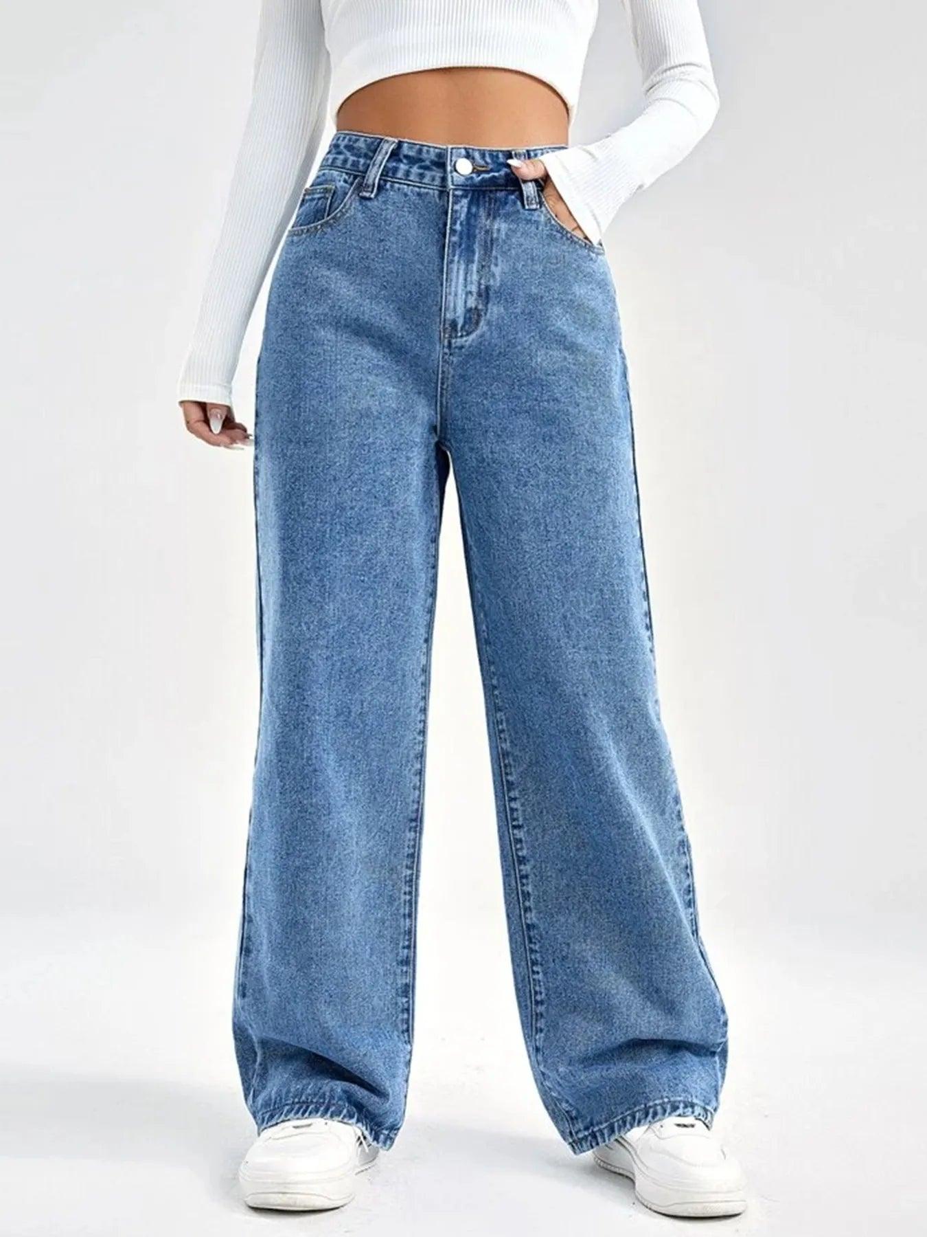 Denim Blue Baggy High Waisted Jeans Comfortable Dark Wash Jeans