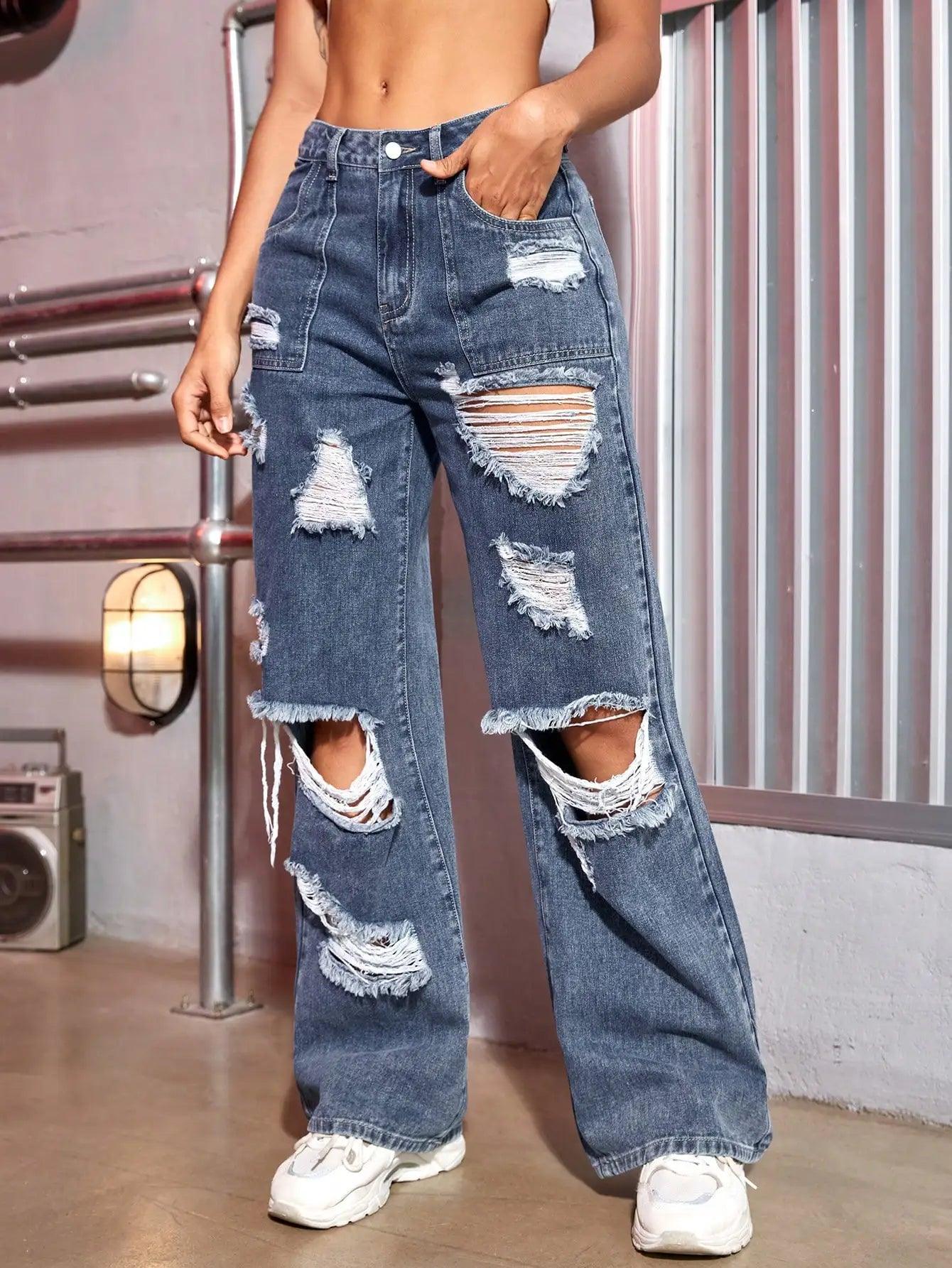 Denim Blue Low Waisted Ripped Baggy Jeans Comfortable Straight-Legged Denim