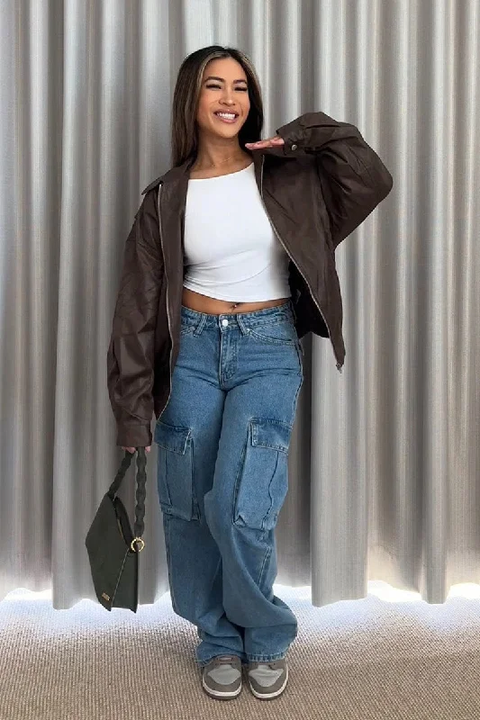 Denim Cargo Jeans Mid Rise Out Pocket Comfortable Faded High-Rise Jeans