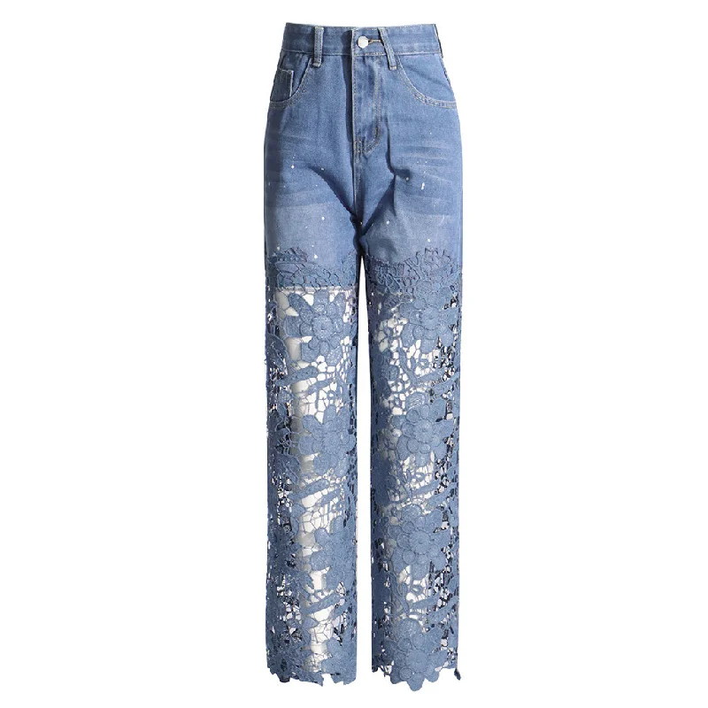 Distinctive High Waist Bleached Dot Floral Cutwork Wide Leg Jeans Comfortable Boyfriend Jeans
