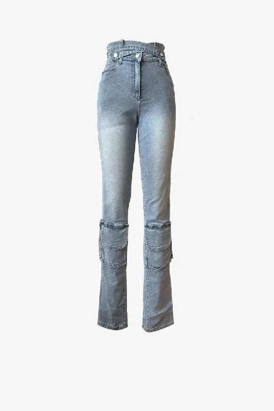 Double Waist Bell Bottom Jeans Trendy Pleated Waist Jeans