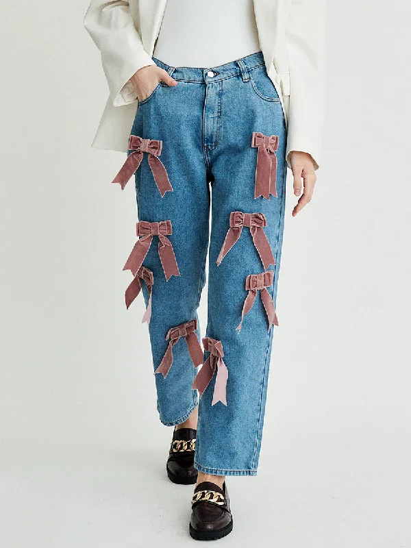 Eden Velvet Bow Jeans Stylish Relaxed Fit Skinny Jeans