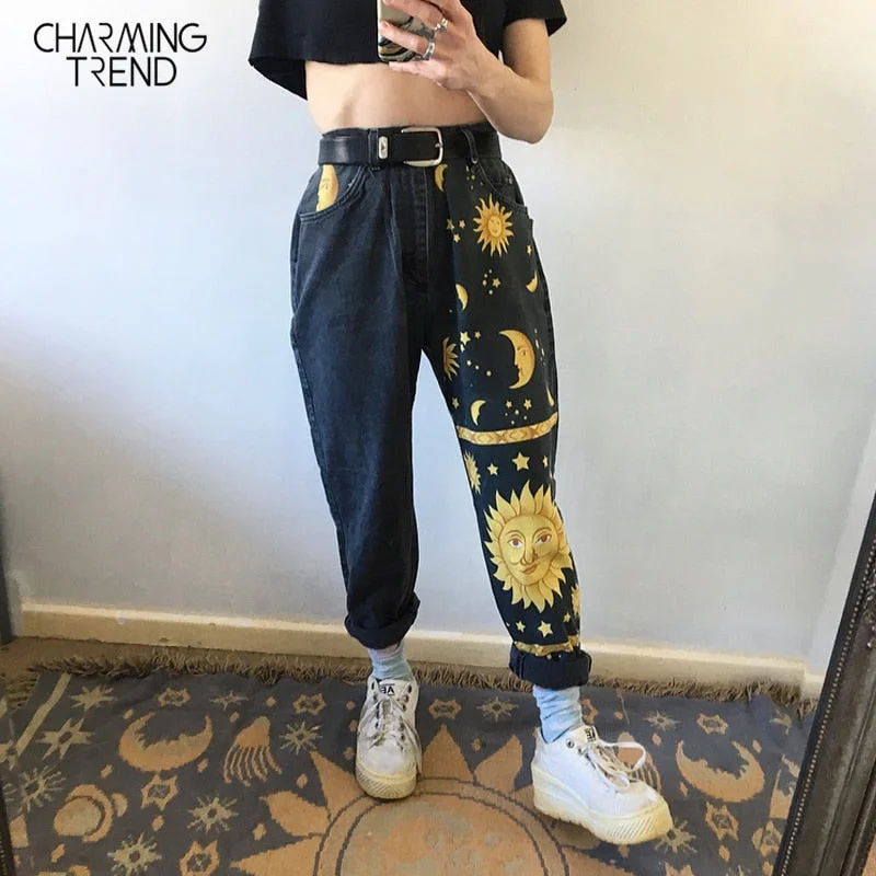Fashion Sun Star Print Pants Women Female Spring Summer women‘s Jeans Trousers Girls Denim Chic High waist Cool Pant jeans women Trendy Plus Size Jeans