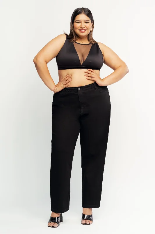 Black Elasticated Mom Jeans Chic Rolled Cuff Denim Jeans