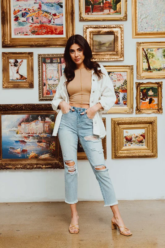 High Rise Jersey Crop Jeans- Powder Destruction Cozy Relaxed Fit Denim Jeans