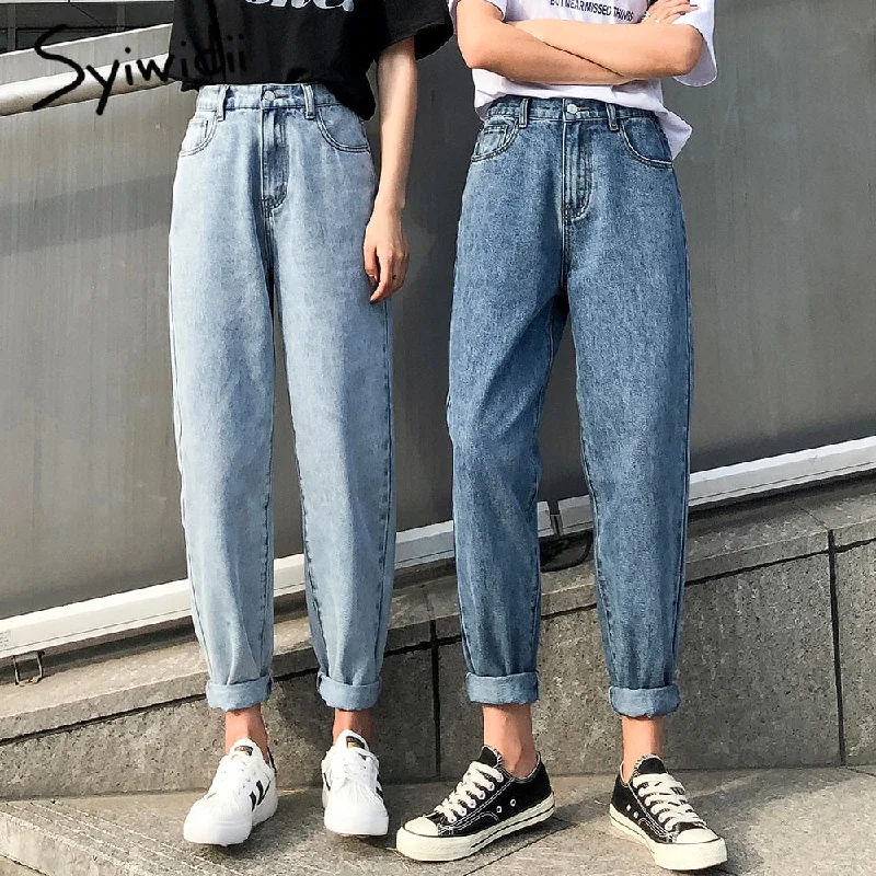 high waist jeans woman plus size street style elastic waist denim pants Cotton Loose Coated Vintage Washed boyfriend jeans 2020 Trendy Wide-Legged High-Waist Jeans