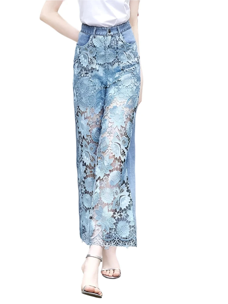 High Waist Patchwork Hollow Out Jeans Cozy Relaxed Fit Jeans