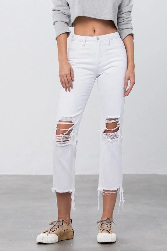 High Waist Ripped Frayed Hem Straight Jeans Chic Faded Blue Jeans