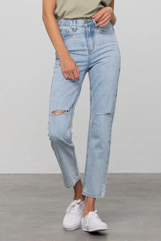 High Waist Ripped Tapered Jeans Stylish Paperbag Waist Denim