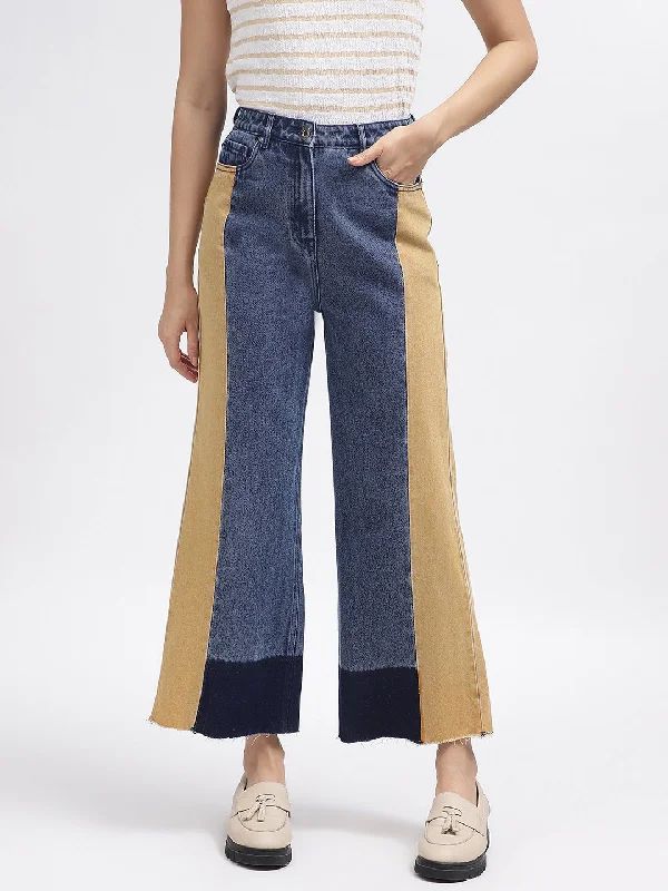 Iconic Women Blue Colour Blocked Flared Jeans Stylish Tapered Fit Jeans
