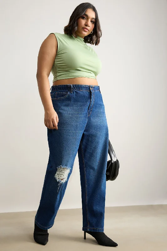 Denim Daze Elasticated Mom Jeans Casual Distressed Skinny Jeans