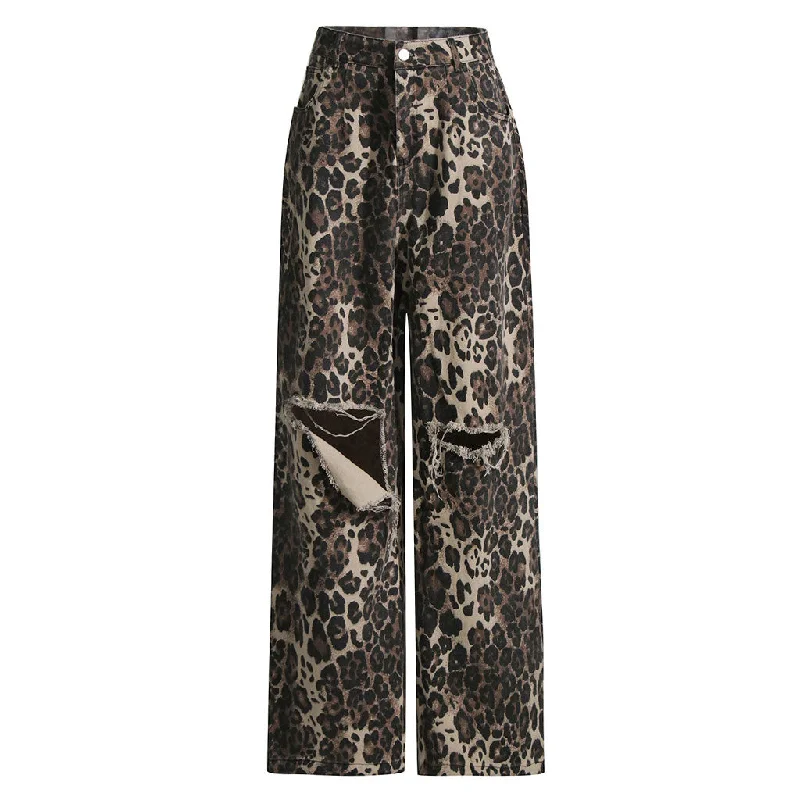 Jungle Leopard Print High Waist Wide Leg Slashed Cutout Denim Jeans Trendy Wide-Leg High-Waist Denim Jungle Leopard Print High Waist Wide Leg Slashed Cutout Denim Jeans Trendy Wide-Leg High-Waist Denim