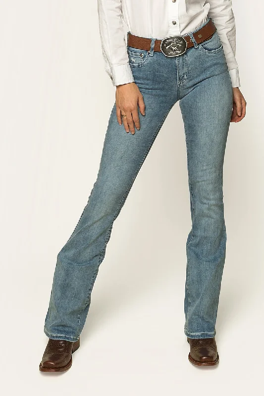Katherine Cowgirl Womens Mid-Rise Bootleg Jeans - Light Blue Fashionable Vintage Wash Jeans Katherine Cowgirl Womens Mid-Rise Bootleg Jeans - Light Blue Fashionable Vintage Wash Jeans