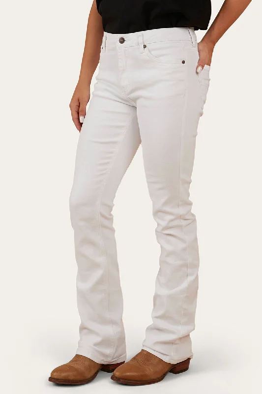 Katherine Womens Mid-Rise Bootleg Jeans - White Comfortable Folded Hem Jeans