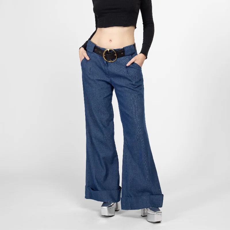 Large 70s Bell Bottom Sailor Jeans 32" Chic Rip-Detail High-Waist Jeans