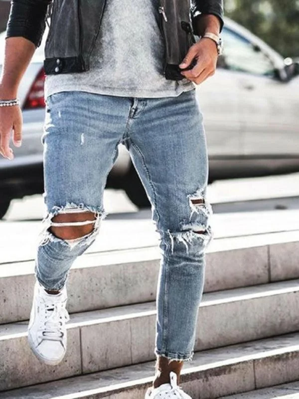 Men's Destroyed Pencil Jeans Cozy Wide-Legged Jeans