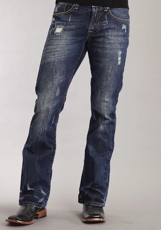 Mens Stetson Blue Cotton Blend Destruction Dark Wash Bootcut Rocks Jeans Trendy Low-Rise Slim Jeans Mens Stetson Blue Cotton Blend Destruction Dark Wash Bootcut Rocks Jeans Trendy Low-Rise Slim Jeans