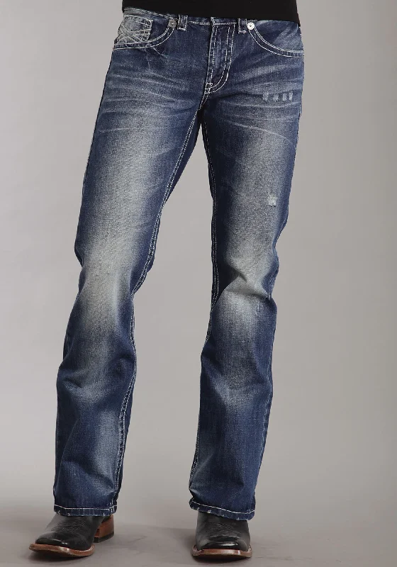Mens Stetson Blue Cotton Blend Med Wash White X Bootcut Rocks Fit Jeans Trendy Pleated Waist Jeans Mens Stetson Blue Cotton Blend Med Wash White X Bootcut Rocks Fit Jeans Trendy Pleated Waist Jeans