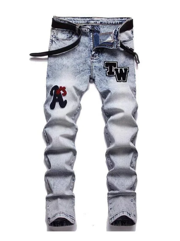 Patches Straight Leg Jeans Trendy Layered Pocket Jeans