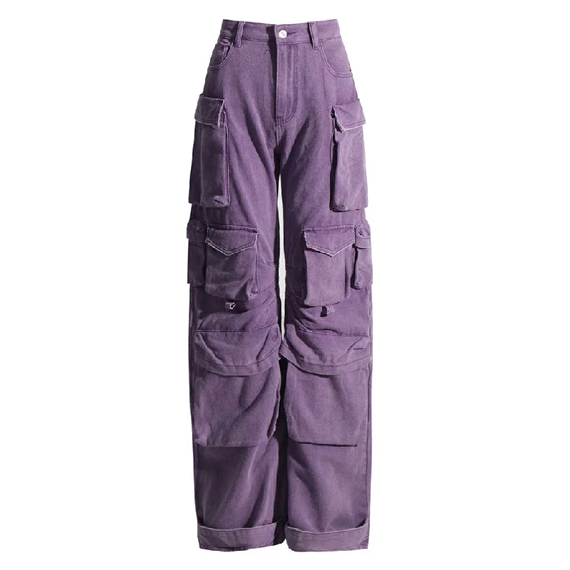 Rebellious Monochrome High Waist Draped Wide Leg Horseshoe Cargo Jeans Comfortable Stretch Fit Jeans