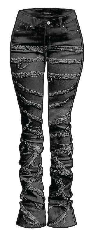 Red Fox - Highwaist Fray Stacked Jeans - Black (PA0910) Elegant Tapered Leg Denim