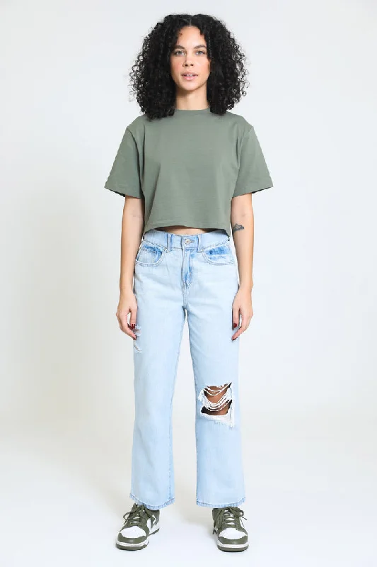 Retro High Rise 90's Ankle Jeans - Light Antique Mist Fashionable Raw Hemmed Jeans