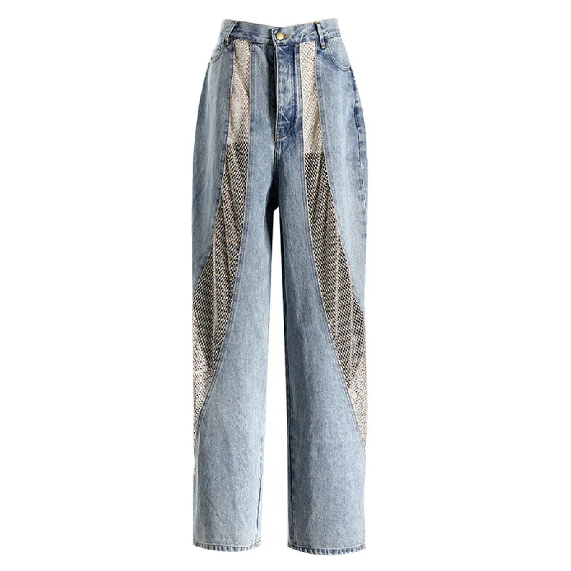 Retro High Waist Sheer Fishnet Crystal Embellished Hybrid Wide Leg Denim Jeans Casual Light Wash Jeans Retro High Waist Sheer Fishnet Crystal Embellished Hybrid Wide Leg Denim Jeans Casual Light Wash Jeans
