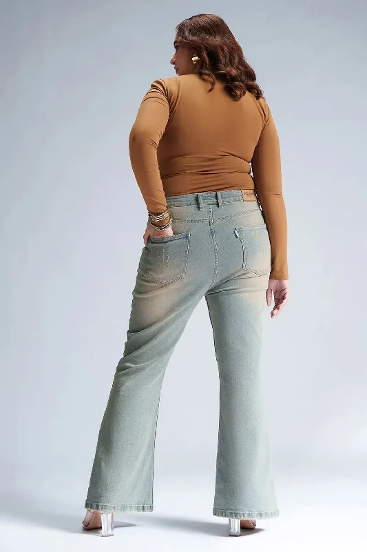 Retro Lupine Blue Curve Bootcut Jeans Fashionable Raw Hem Bootcut Jeans
