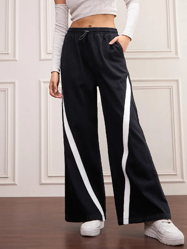 Women Black Denim Contrast Tape Detail Jeans Trendy Bootcut High-Waisted Jeans
