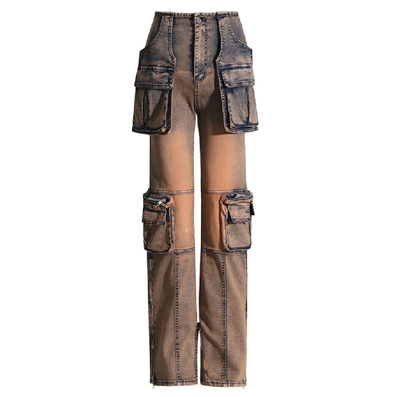 Street Distressed Flap Pocket Zipper Split Hem Straight Leg Cargo Jeans Fashionable Raw Hemmed Jeans Street Distressed Flap Pocket Zipper Split Hem Straight Leg Cargo Jeans Fashionable Raw Hemmed Jeans