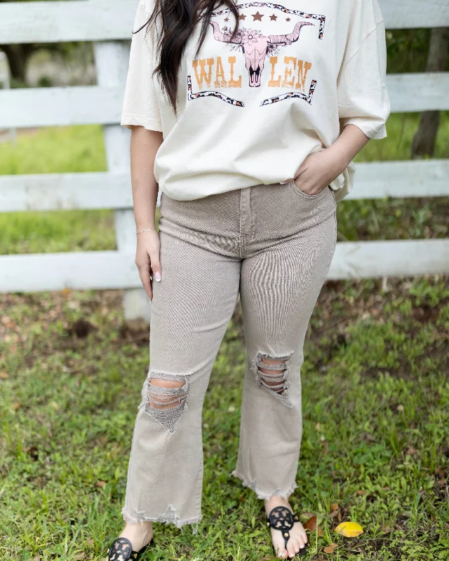 Tan Distressed Cropped Jeans Casual Bootcut Ripped Jeans