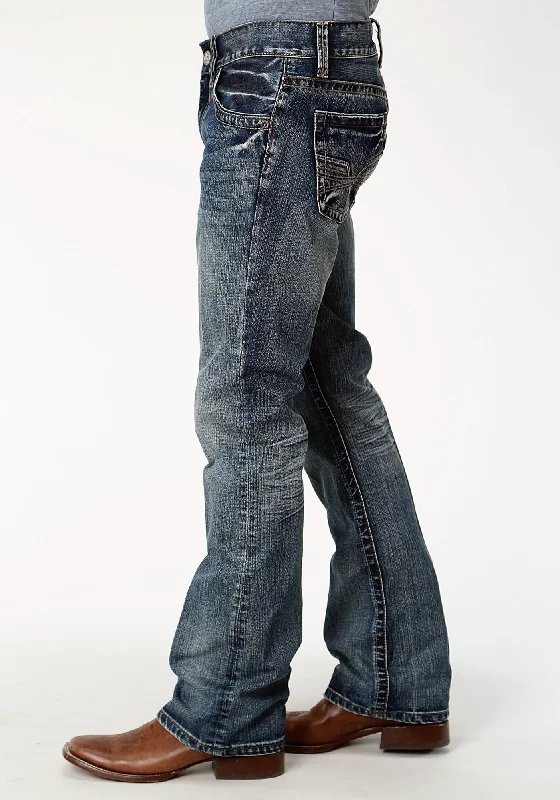 Tin Haul 1206 Mens Blue 100% Cotton Deep V Jeans Trendy Acid Wash Skinny Jeans