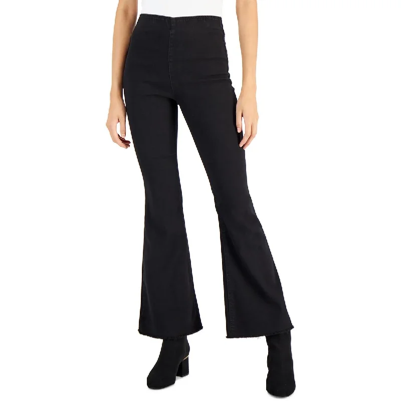Tinsel Womens Petites Stretch High Rise Flare Jeans Casual Distressed Denim Jeans