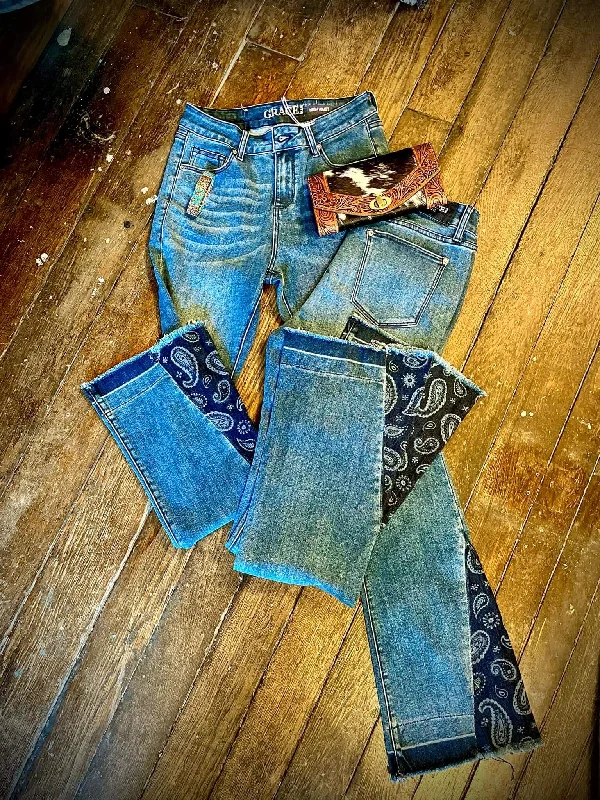 Grace in LA Paisley Insert Flare Jeans Elegant Raw Hem Jeans