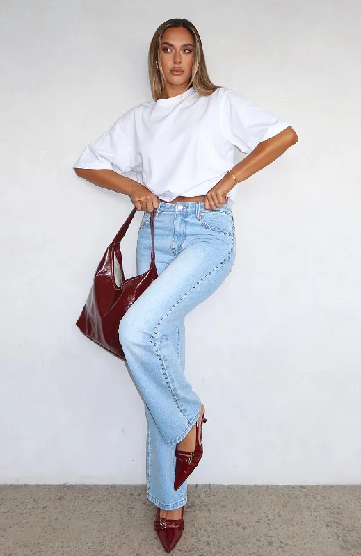 Unmatched Studded Mid Rise Straight Leg Jeans Cerulean Wash Fashionable Cropped Denim Jeans Unmatched Studded Mid Rise Straight Leg Jeans Cerulean Wash Fashionable Cropped Denim Jeans