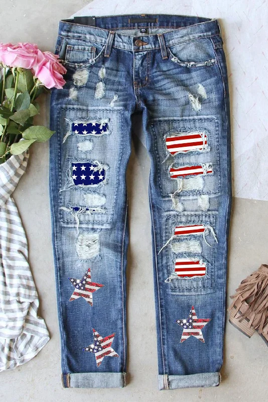 U.S. Flag Patriotic Distressed Straight Jeans in Medium Blue Wash Fashionable Straight Fit Denim U.S. Flag Patriotic Distressed Straight Jeans in Medium Blue Wash Fashionable Straight Fit Denim