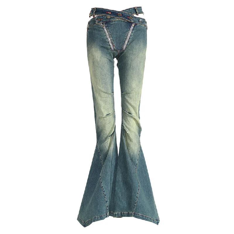Vintage Crossover Belt Cutout High Waist Double Zip Ruched Flare Denim Jeans Comfortable Faded High-Rise Jeans Vintage Crossover Belt Cutout High Waist Double Zip Ruched Flare Denim Jeans Comfortable Faded High-Rise Jeans