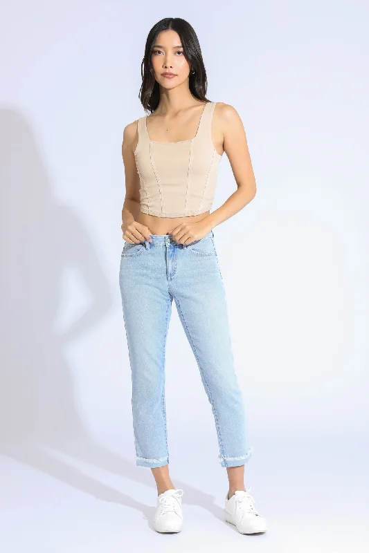 Vintage Revival Cropped Jeans - Light Indigo Casual Bootcut Ripped Jeans