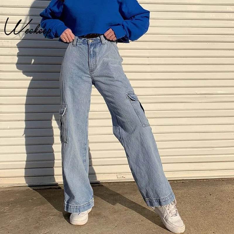 Weekeep Pockets Patchwork High Waist Jeans Women Streetwear Straight Jean Femme Blue 100% Cotton Cargo Pants Trendy Acid Wash Skinny Jeans Weekeep Pockets Patchwork High Waist Jeans Women Streetwear Straight Jean Femme Blue 100% Cotton Cargo Pants Trendy Acid Wash Skinny Jeans