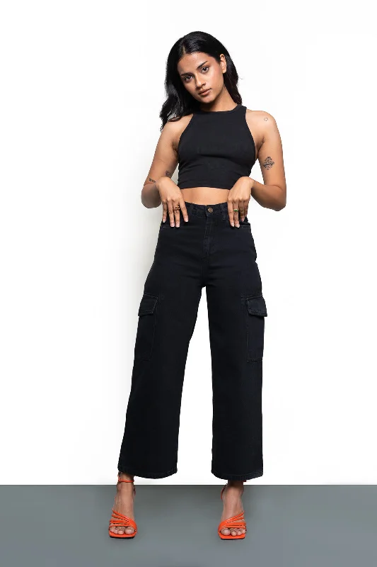 Wide Cargo Utility Jeans In Black Trendy Cut-Off Denim Shorts