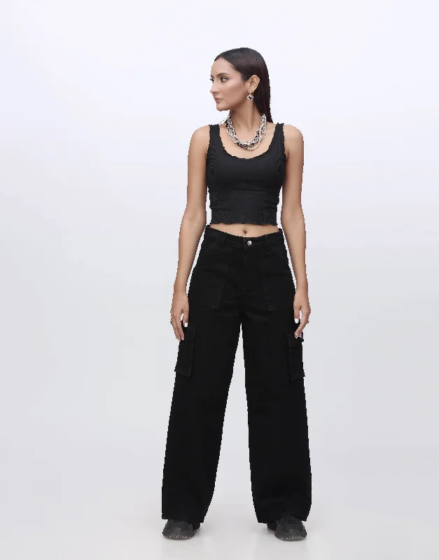 Wide Leg Flap Pocket Cargo Jeans Black Chic Vintage-Inspired Denim Jeans