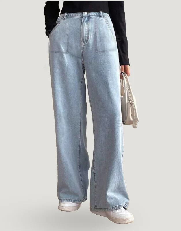 Wide Leg Flap Pocket Jeans Light Blue Comfortable Stretch Fit Jeans