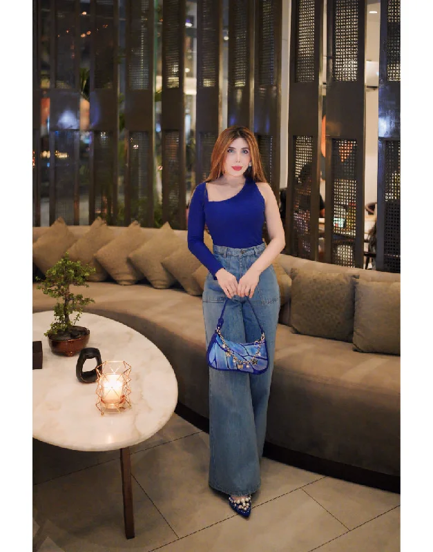 Wide Leg Flap Pocket Jeans Stone Blue Comfortable Folded Hem Jeans