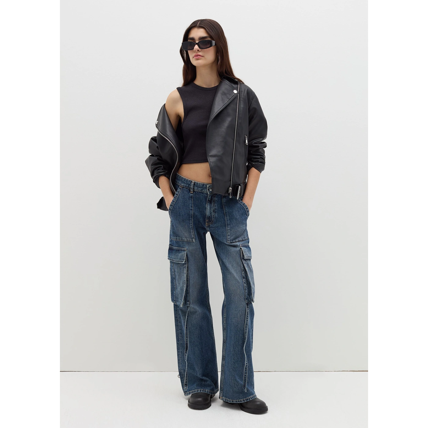 Vitange Blue Acid Wash Cargo Jeans Stylish Stone-Wash Denim Jeans