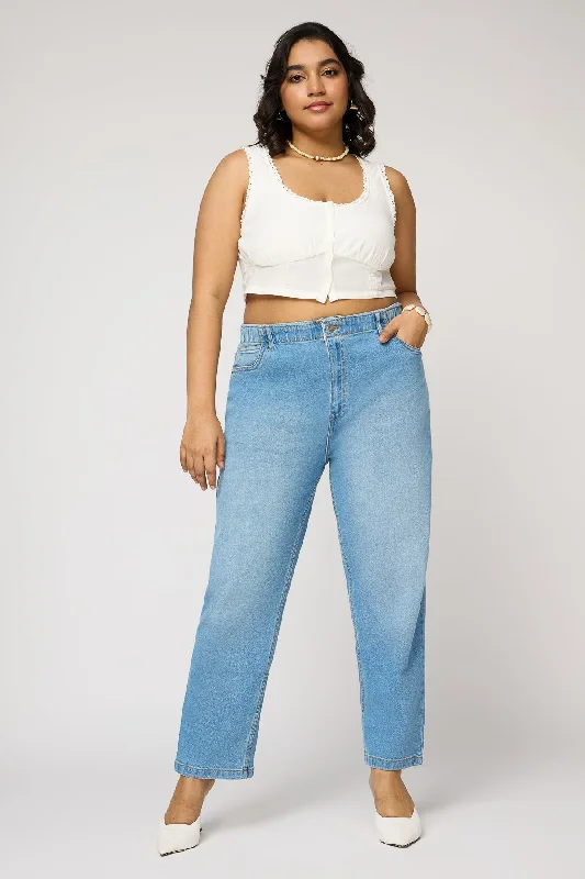 Dynamic Blue Elasticated Curve Mom Jeans Fashionable Distressed Jeans