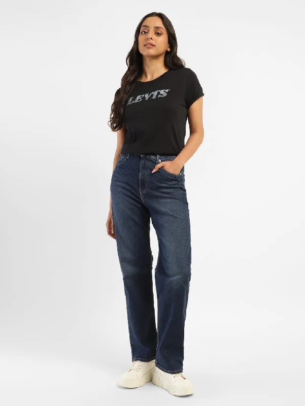 Women's High Rise Ribcage Straight Fit Jeans Elegant Raw Hem Jeans