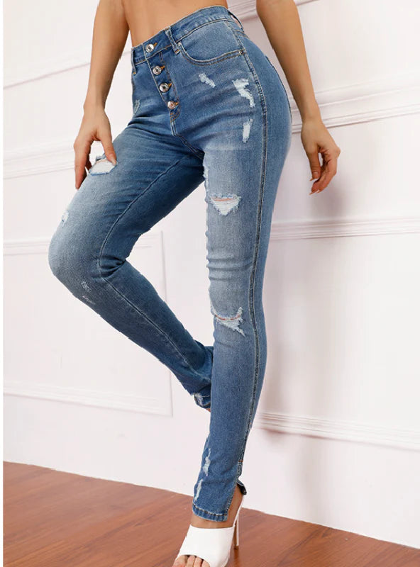 PUNCHED STRETCH JEANS PENCIL PANTS Trendy Low-Rise Bootcut Jeans