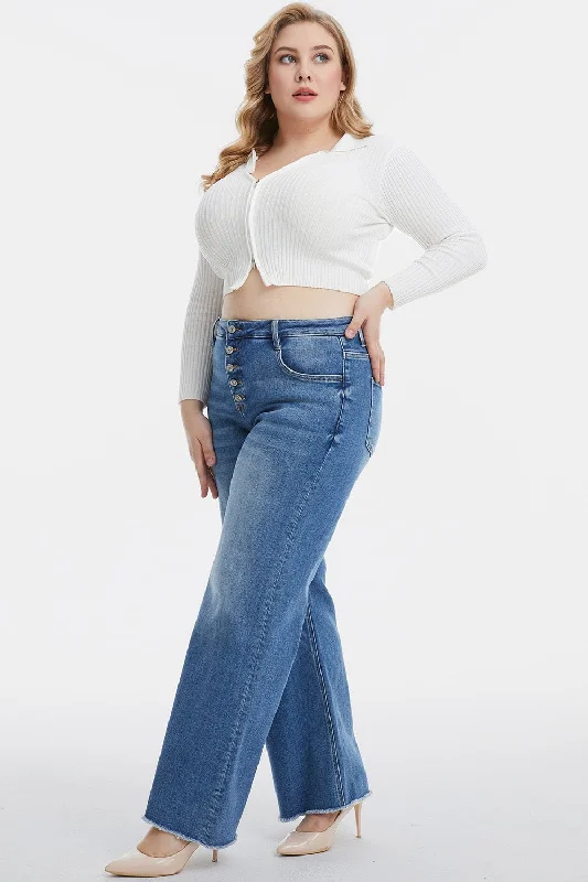 BAYEAS Full Size High Waist Button-Fly Raw Hem Wide Leg Jeans Trendy Plus Size Jeans